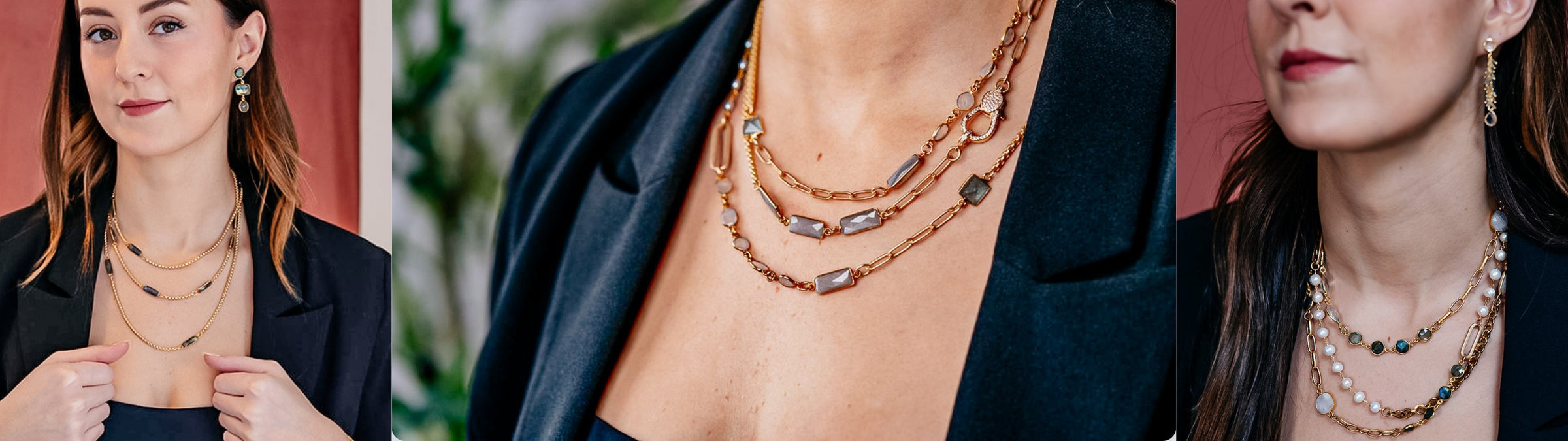 Women showcasing exquisite gemstone layering necklaces by Loni Paul Jewelry