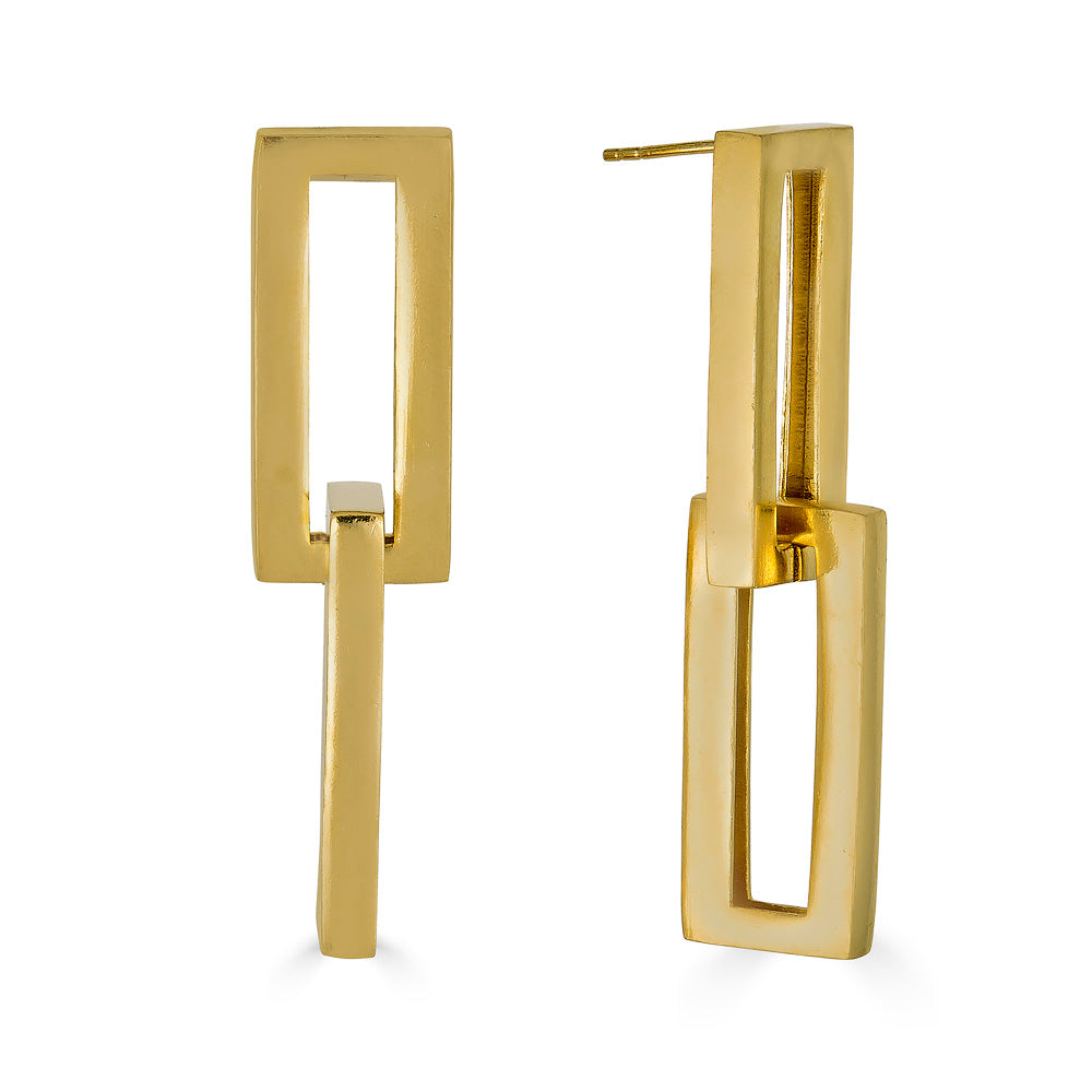 A gold dangle earring with interlocking rectangle shapes.