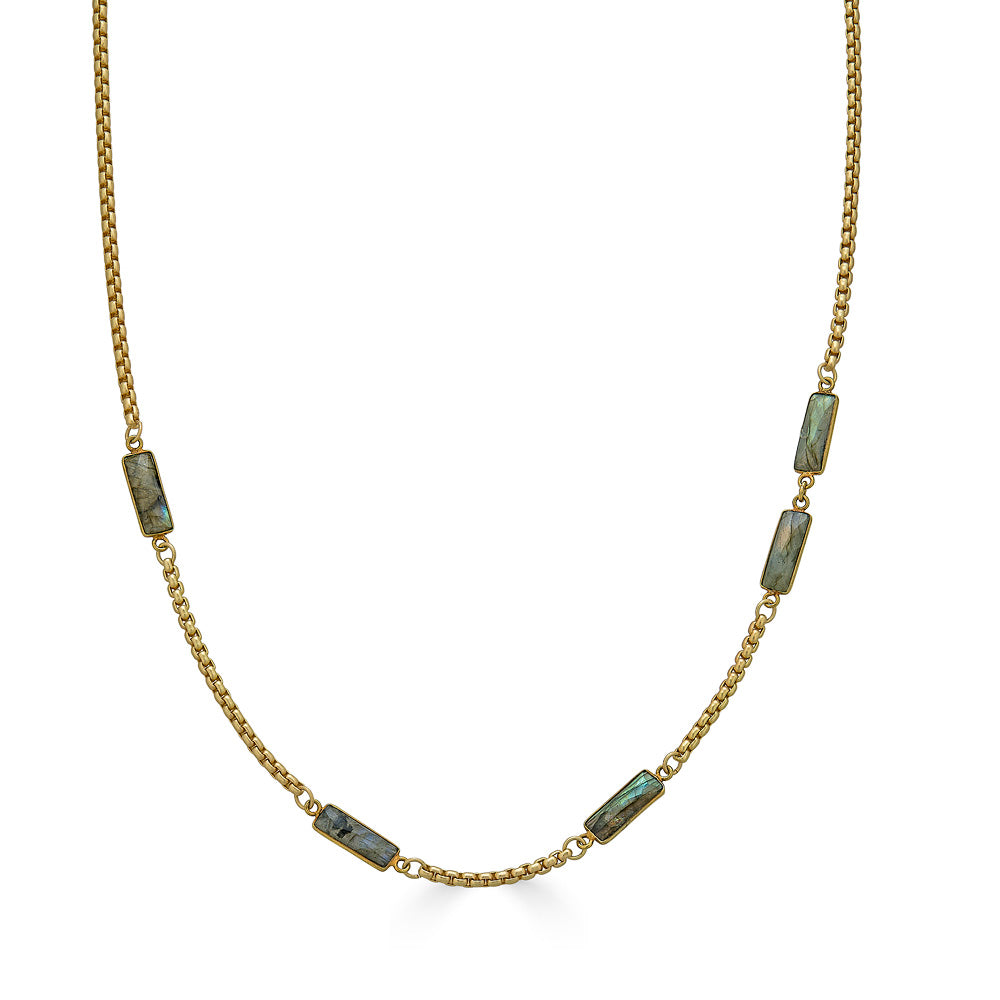 A box chain necklace with baguette cut labradorite gemstones.