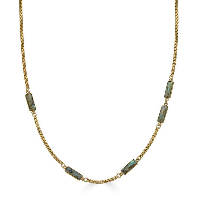 A box chain necklace with baguette cut labradorite gemstones.