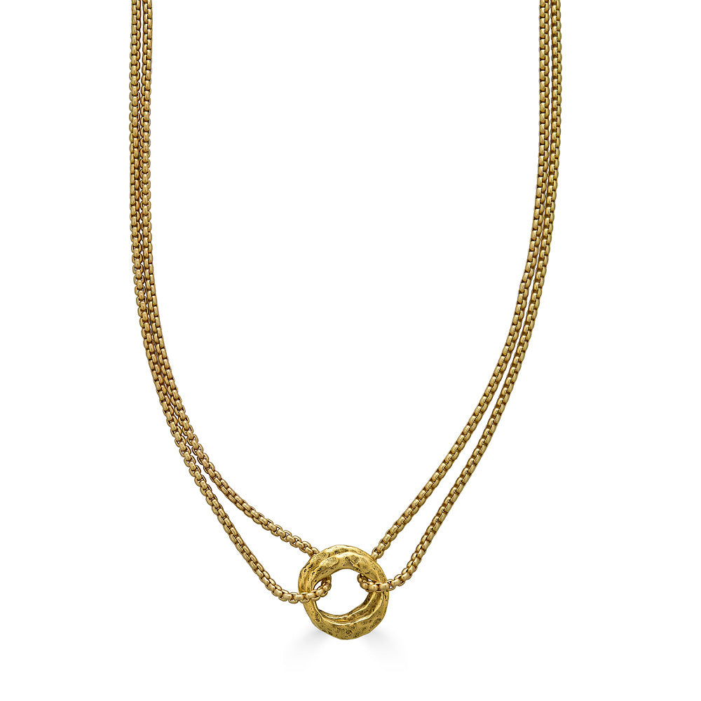 a matte gold two strand necklace with two hammered circles