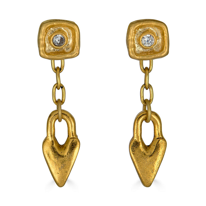 Gold dangle earrings with sculpted heart charms, chain link drop, and square stud tops with CZ accents.