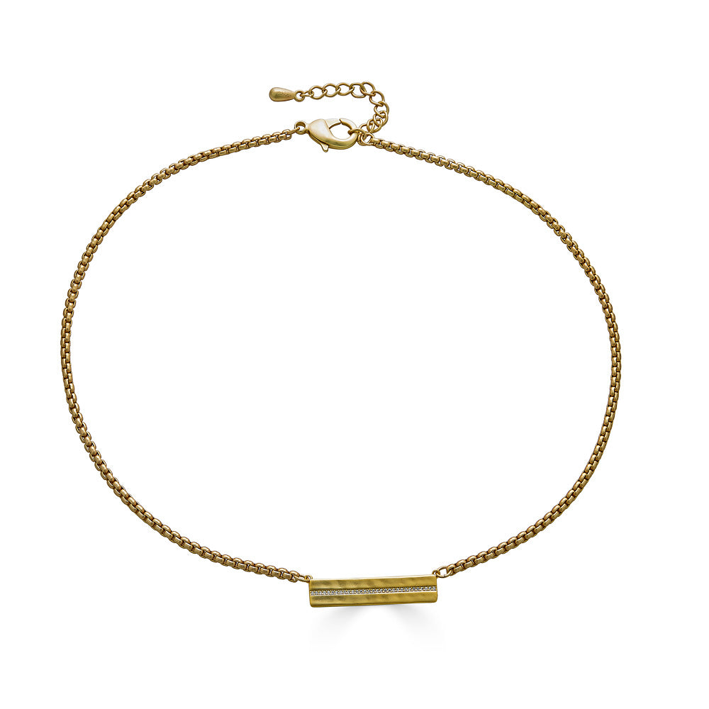 A gold bar with CZS venetian box chain necklace.