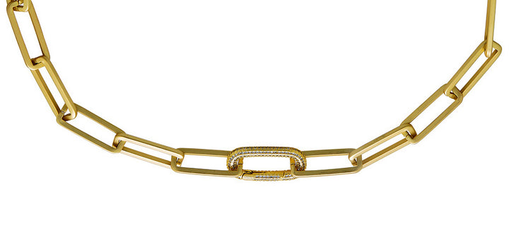 A matte gold chunky rectangle chain necklace with oval pave clasp.