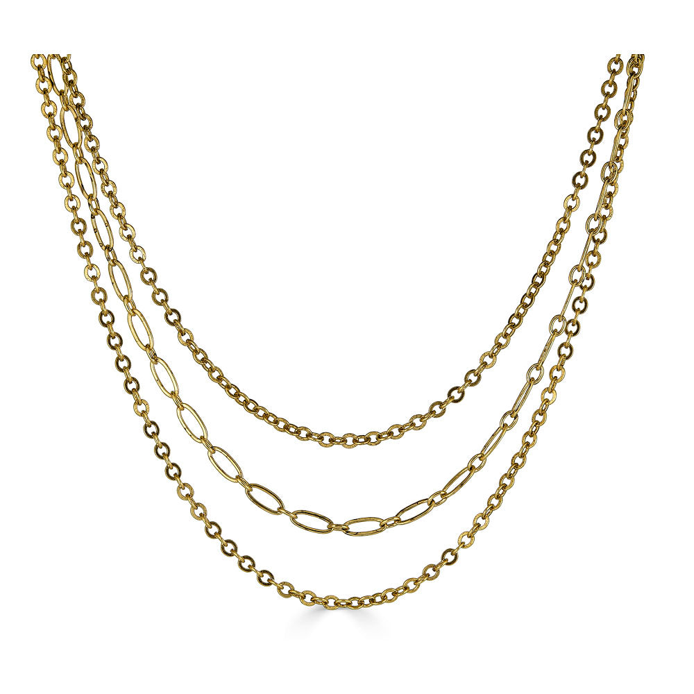 Gold three-strand necklace featuring delicate mixed chain styles and adjustable clasp