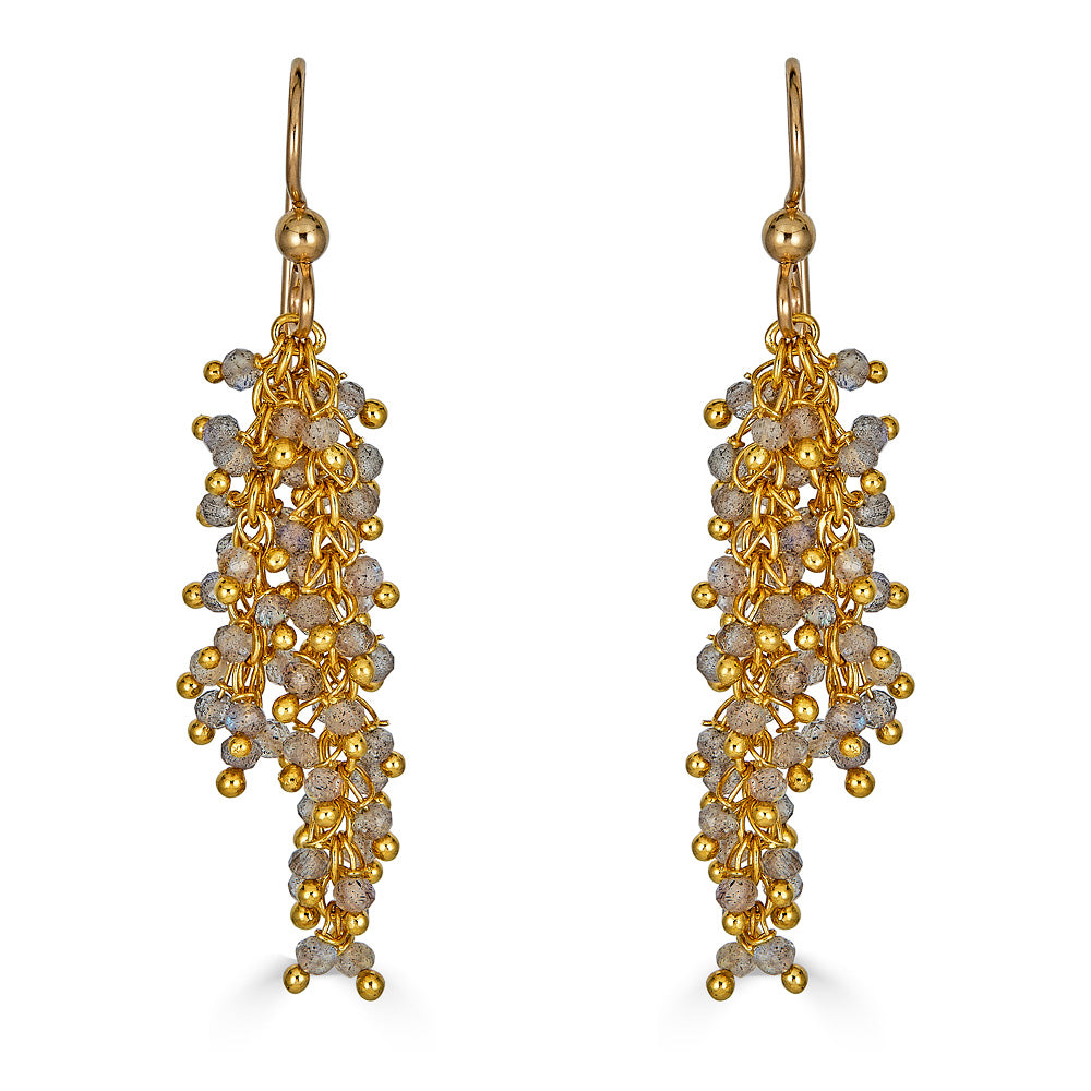 A pair of gold labradorite drizzle earrings.