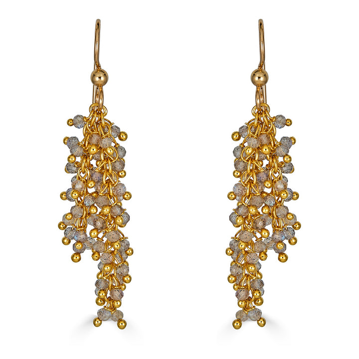 A pair of gold labradorite drizzle earrings.