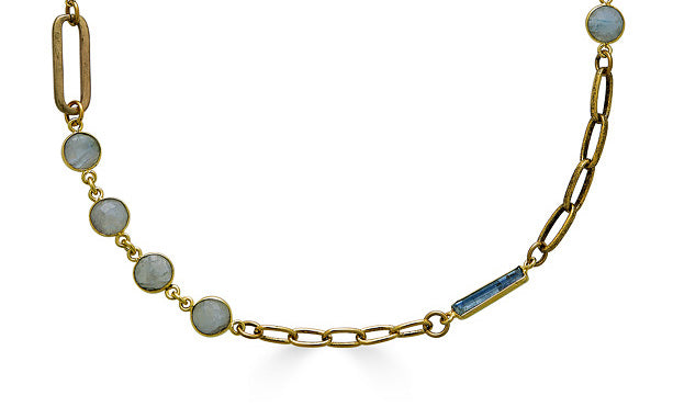 A short mixed gemstone necklace with aquamarine, pearls, kyanite and moonstone