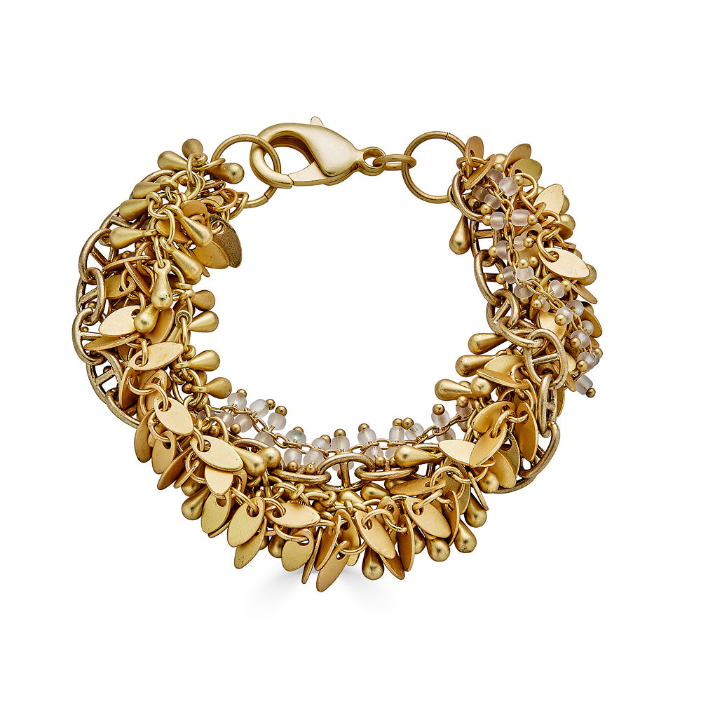 A matte gold four strand string bracelet.