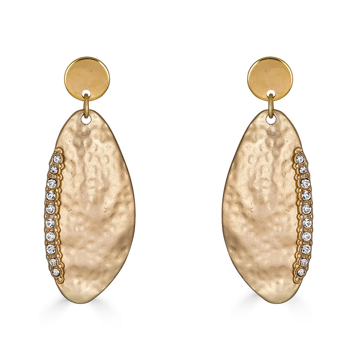 A pair of matte gold earrings with rhinestone details.