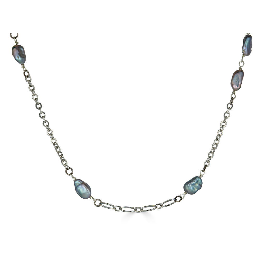 Rhodium-plated chain necklace featuring five gray keshi pearls spaced along the chain, shown in a circle on a white background.