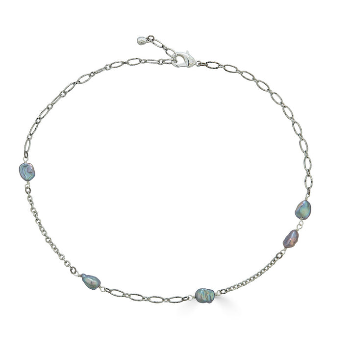 Rhodium-plated chain necklace featuring five gray keshi pearls spaced along the chain, shown in a circle on a white background.