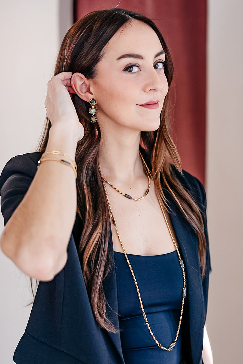 A model wearing A box chain necklace with baguette cut labradorite gemstones.