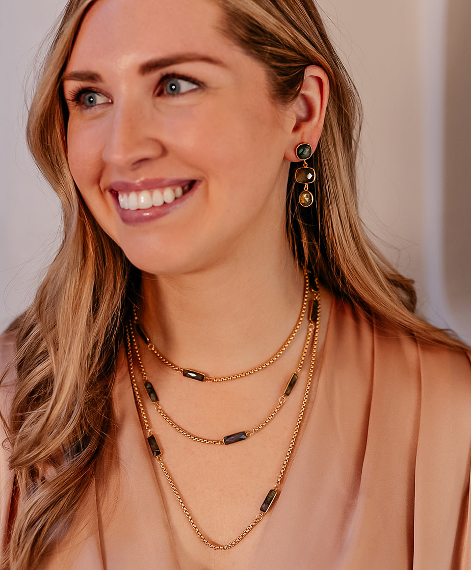 A model wearing A box chain necklace with baguette cut labradorite gemstones.