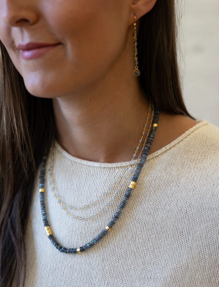 a labradorite bead necklace with brush gold accent beads