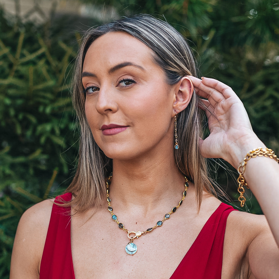 Labradorite Crystal Chain Gold Earrings