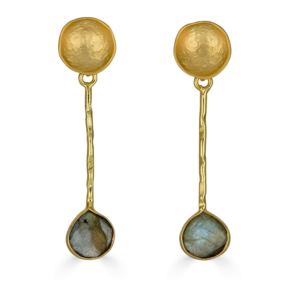 Gold drop earrings with hammered disc tops, textured vertical bars, and teardrop labradorite stones at the base.