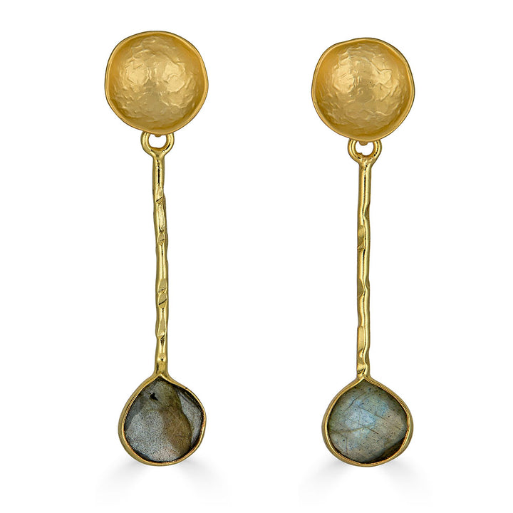 Gold drop earrings with hammered disc tops, textured vertical bars, and teardrop labradorite stones at the base.