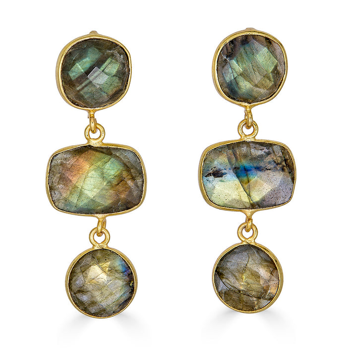 A multi-layered labradorite gemstone post dangle earring.