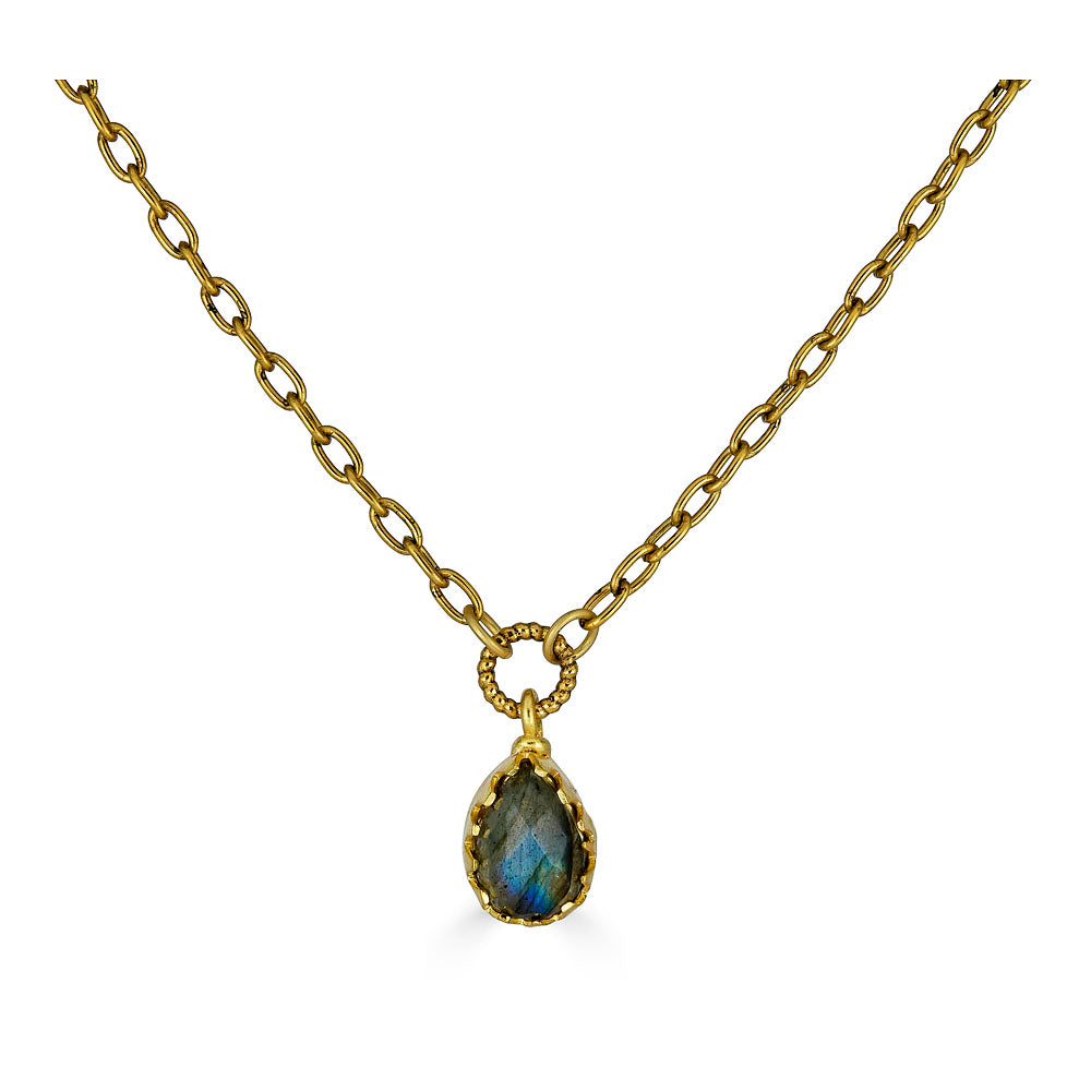 Gold chain necklace with a faceted teardrop labradorite pendant in a prong setting