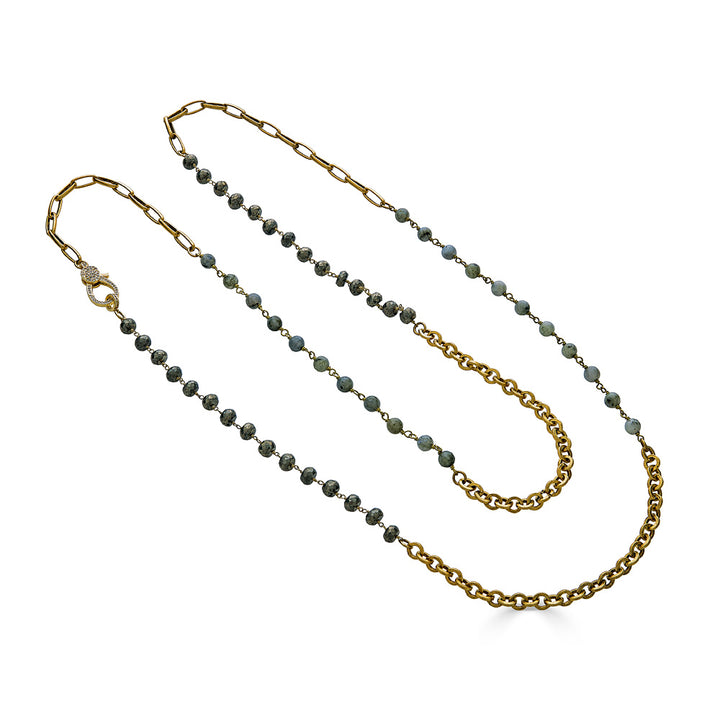 A long pyrite and labradorite gold necklace with pave clasp.