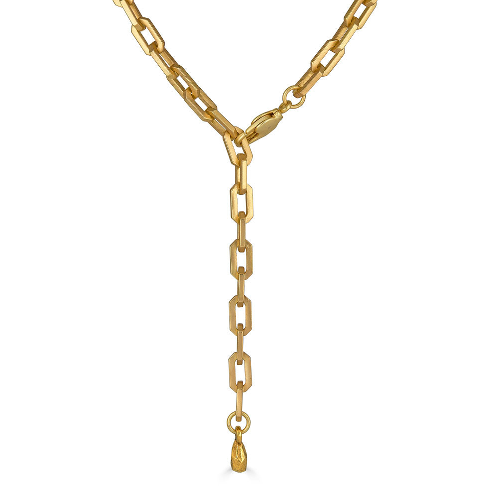 Matte gold adjustable lariat necklace with rectangular chain links and lobster clasp closure.