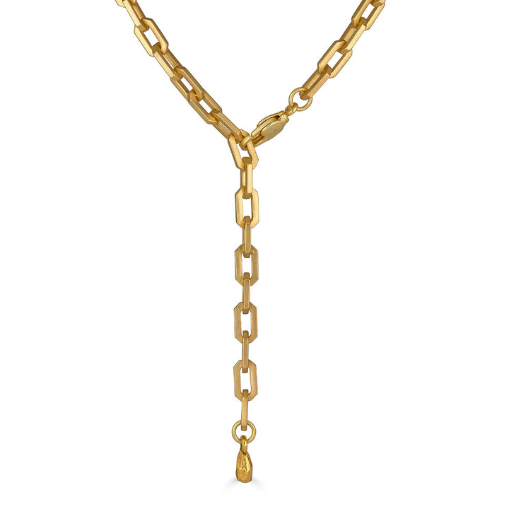 Matte gold adjustable lariat necklace with rectangular chain links and lobster clasp closure.