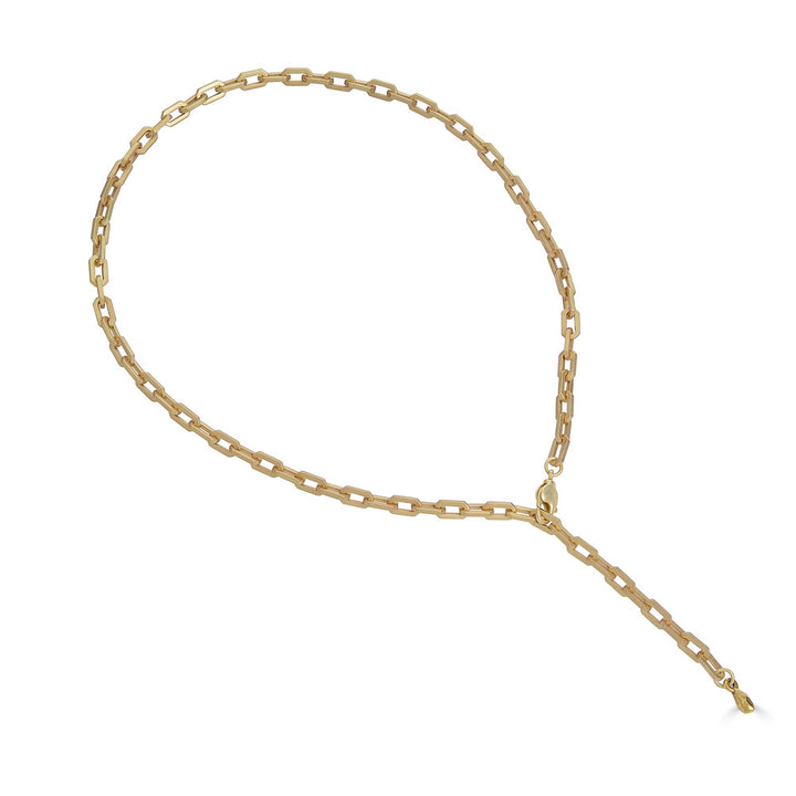 Matte gold adjustable lariat necklace with rectangular chain links and lobster clasp closure.