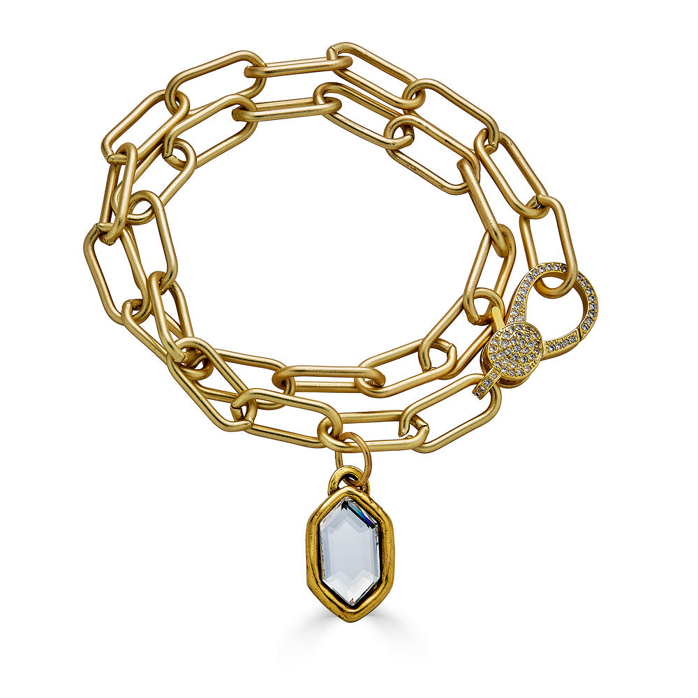 A double wrap matte gold paperclip chainlink bracelet with a marquis charm.