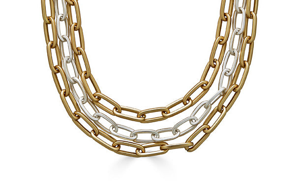 A three strand matte gold and silver paperclip necklace.