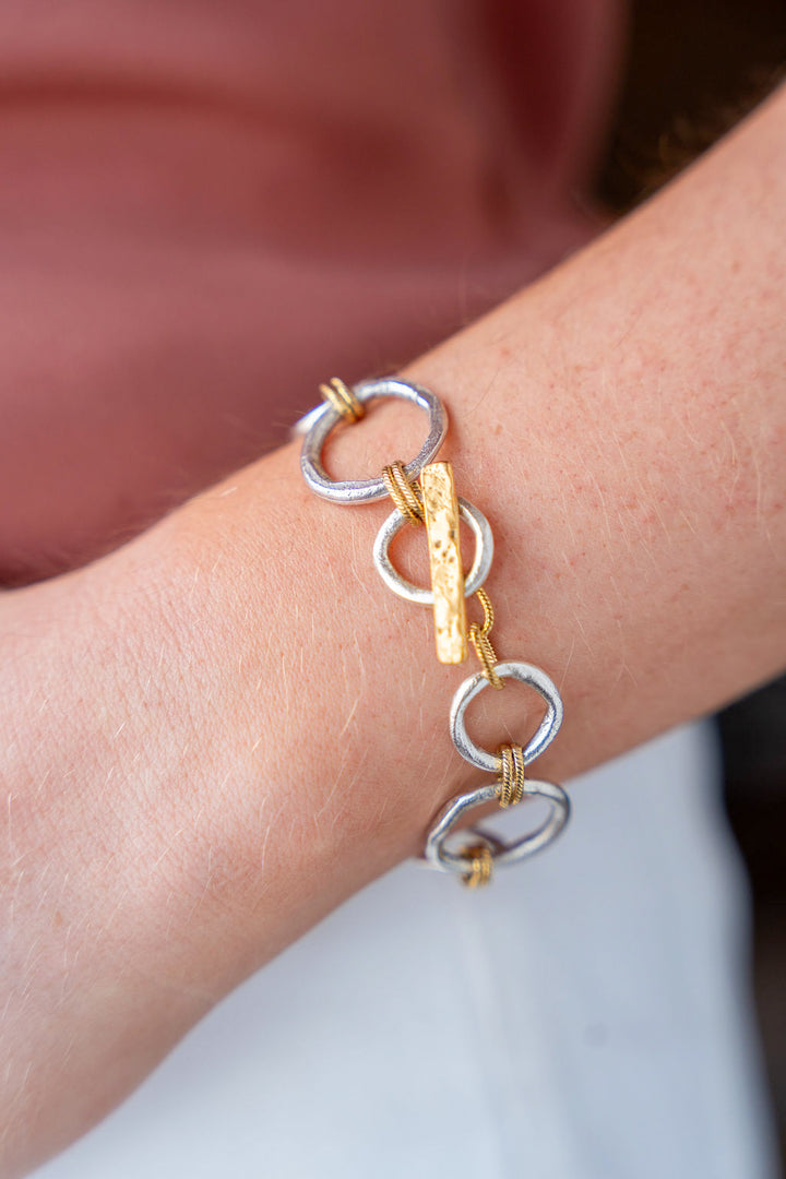 Mixed metal bracelet featuring brushed silver sculpted circle links with gold rope accents and a toggle clasp.