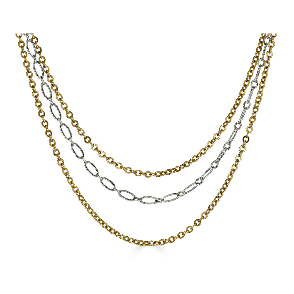 Mixed metal three-strand necklace with gold and silver-toned chains and adjustable clasp