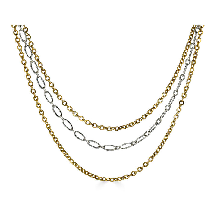 Mixed metal three-strand necklace with gold and silver-toned chains and adjustable clasp