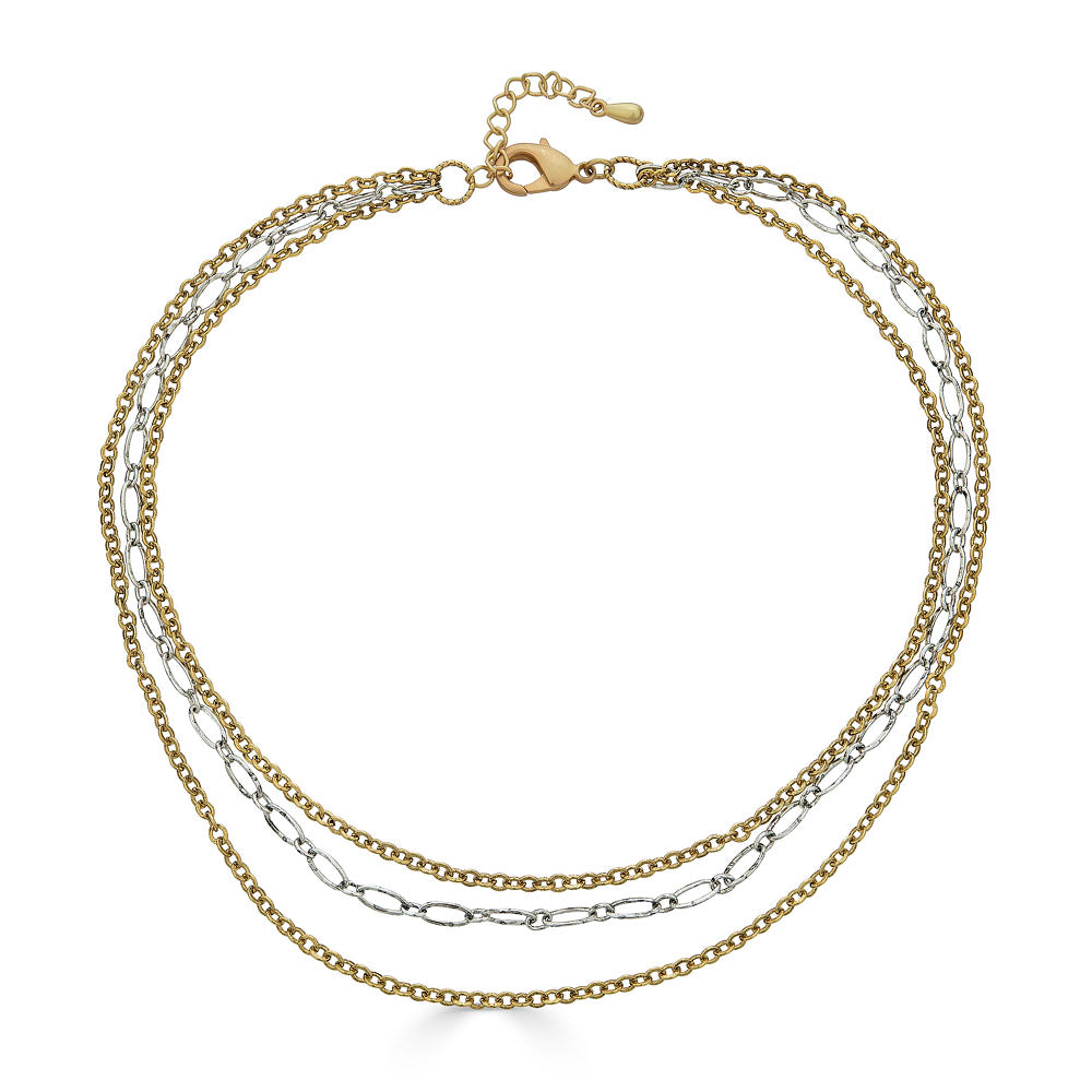 Mixed metal three-strand necklace with gold and silver-toned chains and adjustable clasp