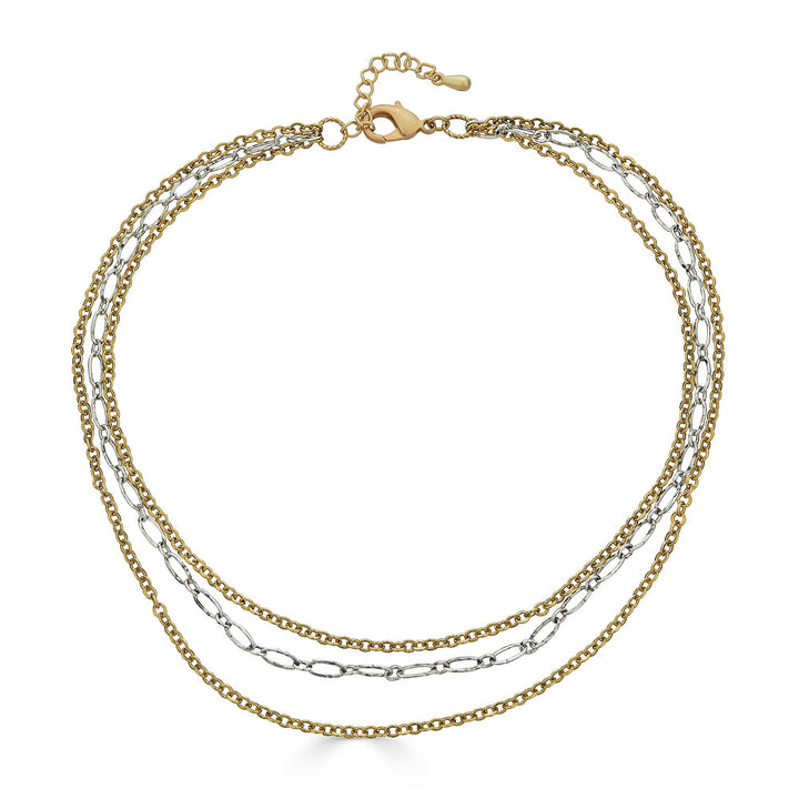 Mixed metal three-strand necklace with gold and silver-toned chains and adjustable clasp