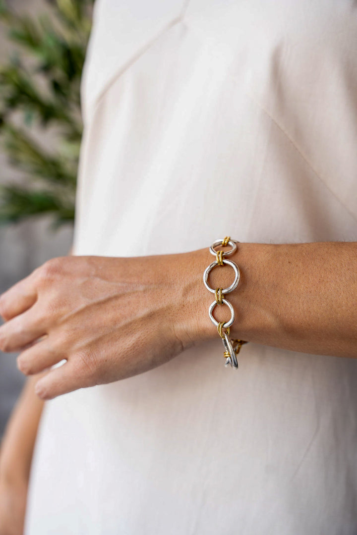 Mixed metal bracelet featuring brushed silver sculpted circle links with gold rope accents and a toggle clasp.
