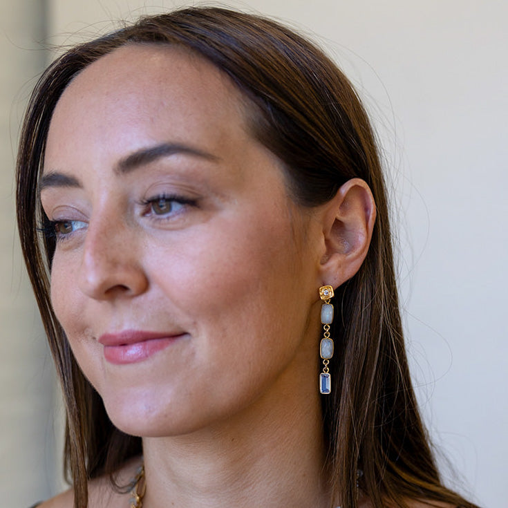 Rectangular moonstones with opalite drop on a square crystal post
