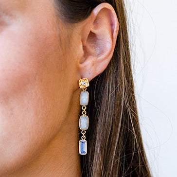 Rectangular moonstones with opalite drop on a square crystal post