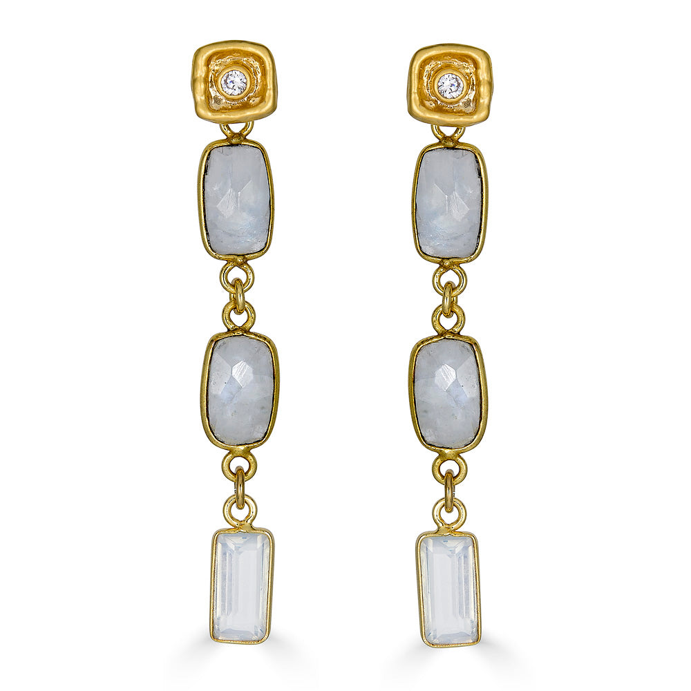 Rectangular moonstones with opalite drop on a square crystal post