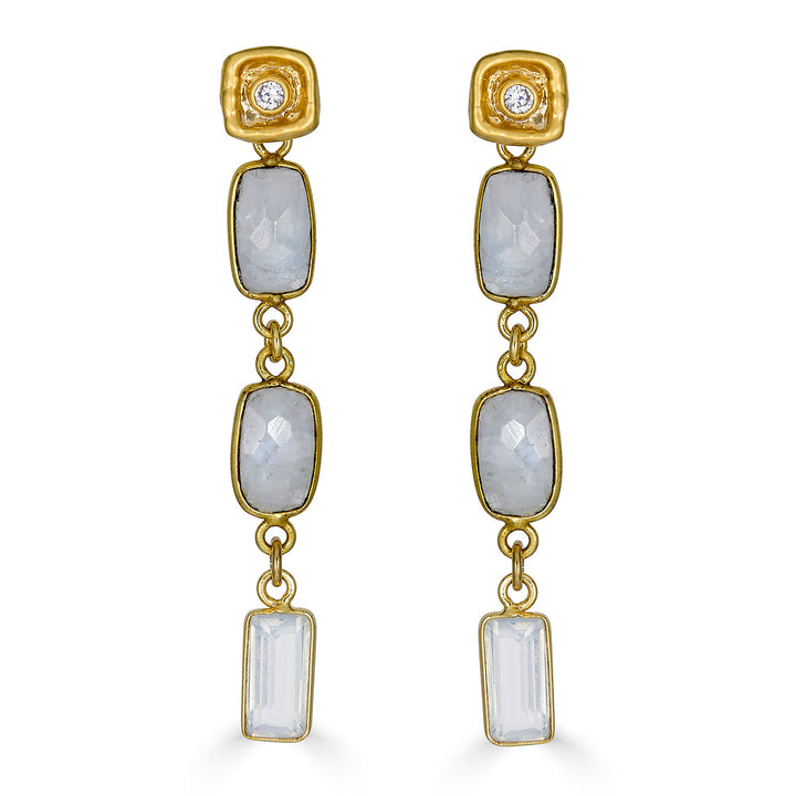 Rectangular moonstones with opalite drop on a square crystal post