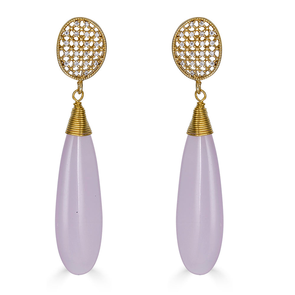 A pink glass dangle earring on an oval pave post