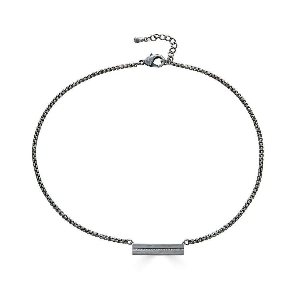 A silver bar with CZS venetian box chain necklace.