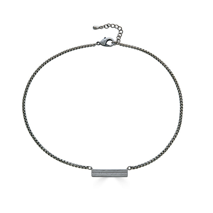 A silver bar with CZS venetian box chain necklace.