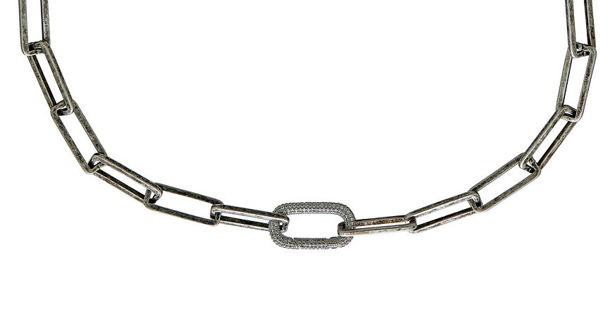 A silver chunky rectangle chain necklace with an oval pave clasp.