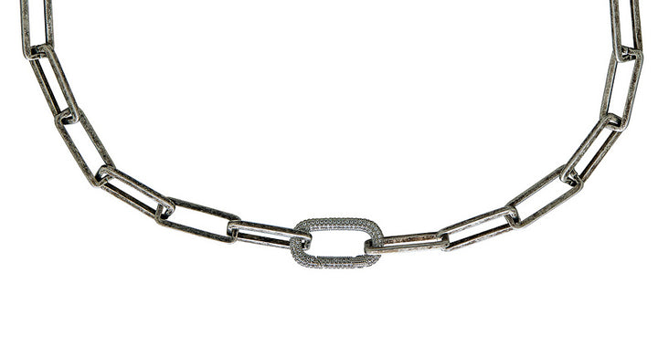 A silver chunky rectangle chain necklace with an oval pave clasp.