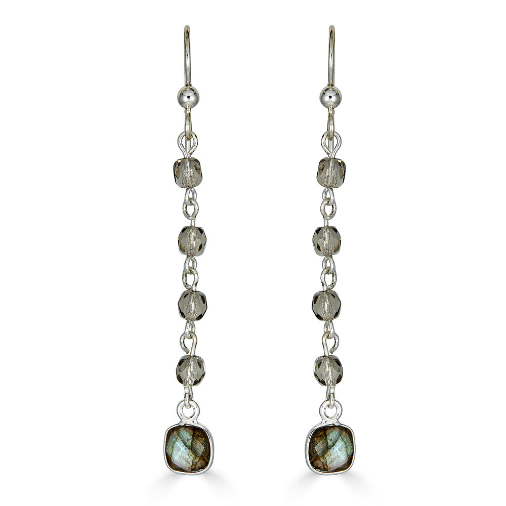 A pair of labradorite and gray crystal drop earrings.