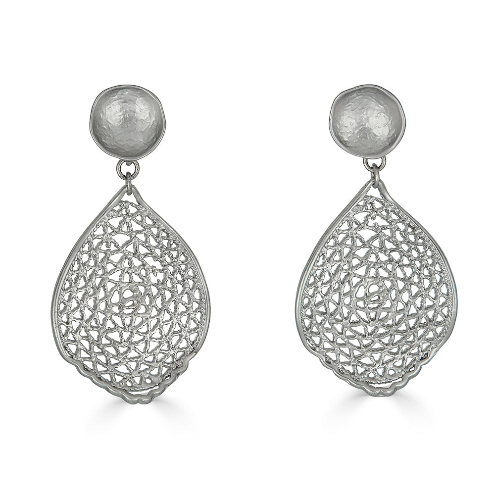 Silver lace-patterned teardrop earrings with hammered disc tops and openwork detailing.