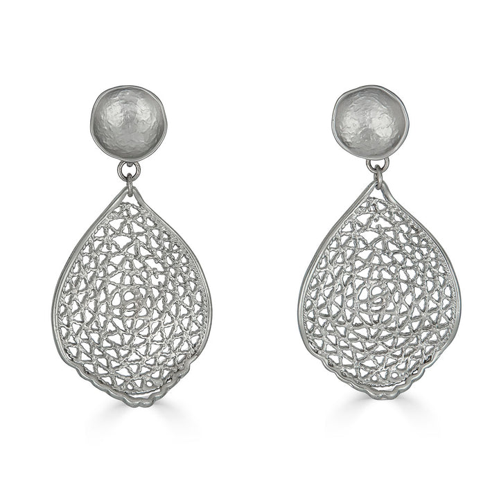 Silver lace-patterned teardrop earrings with hammered disc tops and openwork detailing.