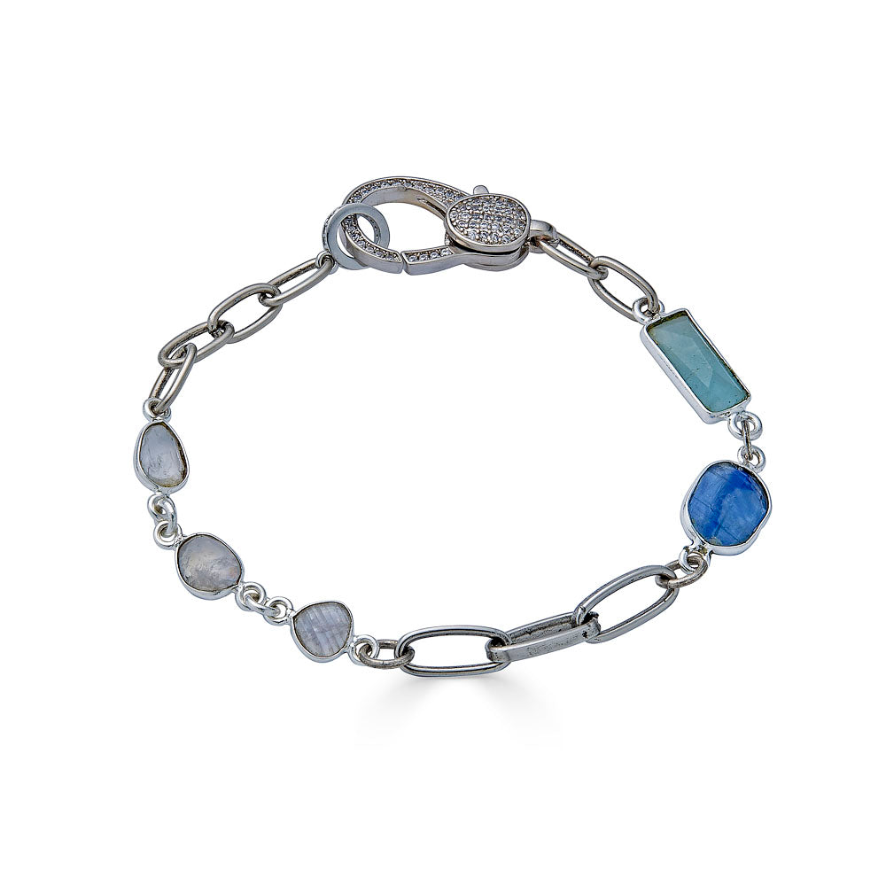 A silver mixed gemstone necklace with chalcedony, kyanite, moonstone and pearls.