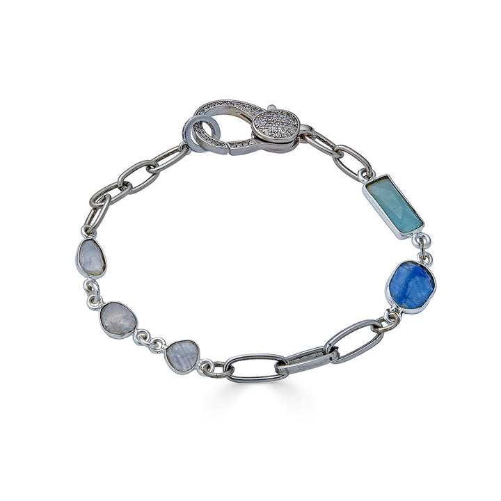 A silver mixed gemstone necklace with chalcedony, kyanite, moonstone and pearls.